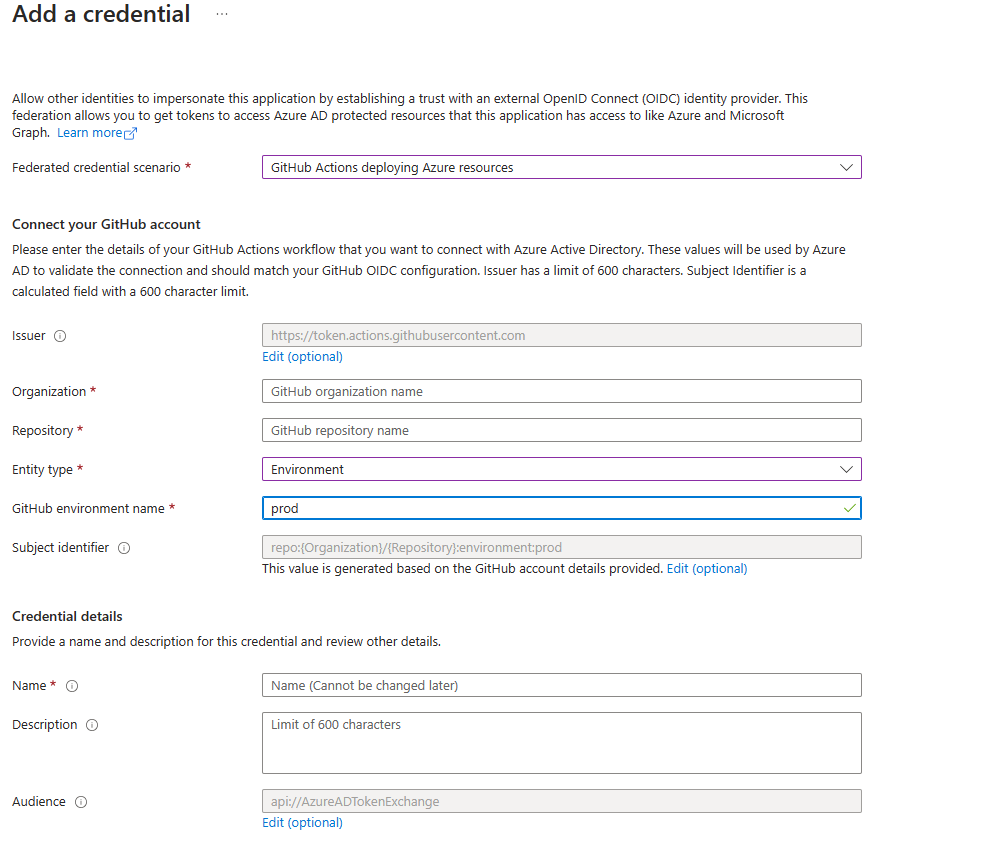 Screenshot from Azure AD portal showing Add a credentials into Federated Credentials on Application Registration