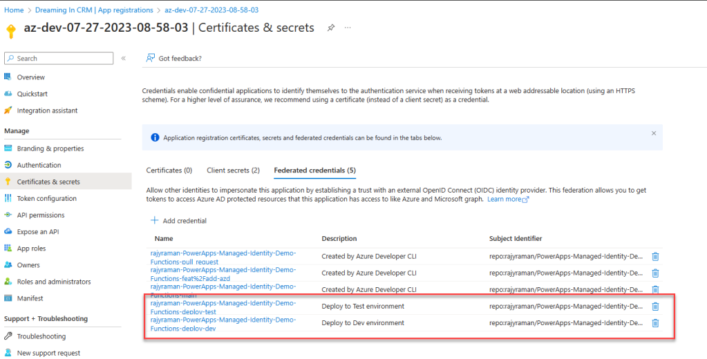 Screenshot from Azure Portal showing Federated credentials setup by Azure Developer CLI