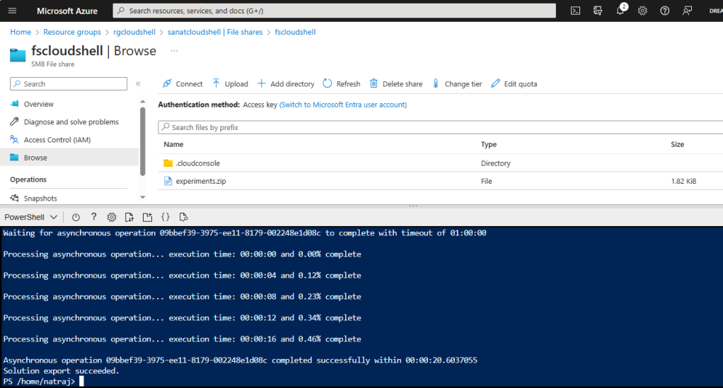 Screenshot of Azure Portal Storage Account Fileshare and Cloud Shell