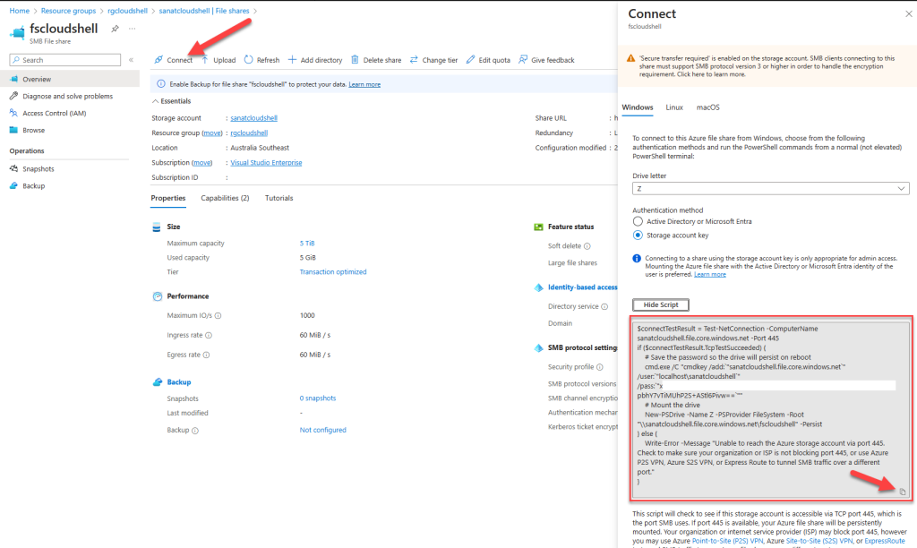 Screenshot of Azure Cloud Shell that shows how to map the Cloud Drive on Windows machine.